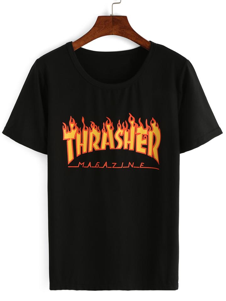 Romwe Black Flame Print T-shirt