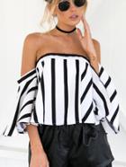 Romwe Off Shoulder Striped Zip Back Top