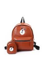 Romwe Bear Print Pu Backpack With Mini Backpack Charm