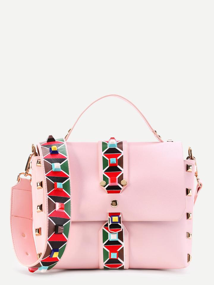 Romwe Contrast Strap Pu Crossbody Bag With Studded