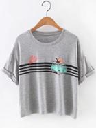 Romwe Grey Short Sleeve Bus Print Casual T-shirt