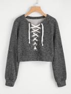 Romwe Grommet Lace Up Marled Knit Crop Sweatshirt