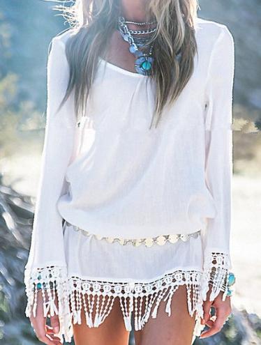 Romwe White Long Sleeve Tassel Loose Dress