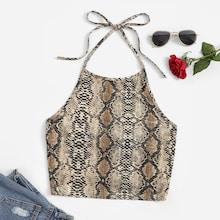Romwe Plus Snakeskin Print Crop Halter Top