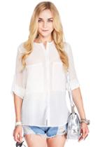 Romwe Romwe Asymmetric V-neck Pocketed White Chiffon Shirt