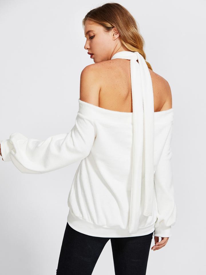 Romwe Halter Faux Fur Sweatshirt