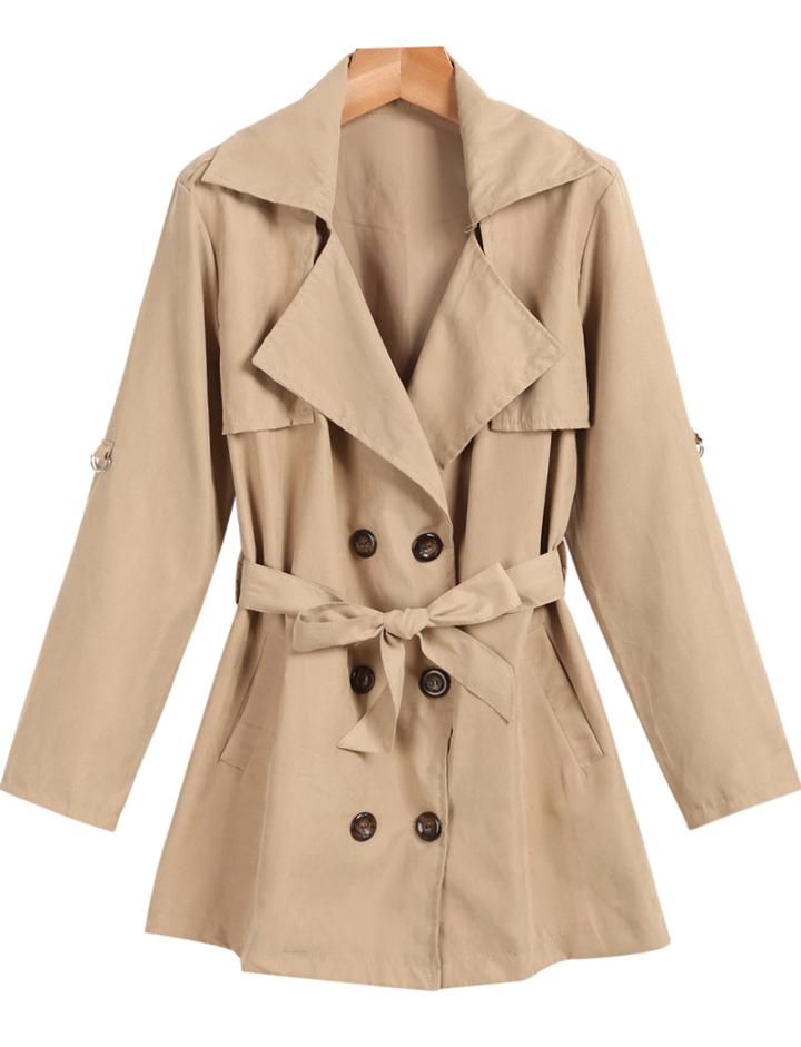 Romwe Lapel Belt Buttons Trench Coat