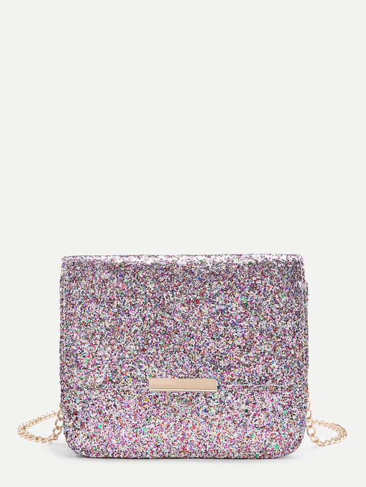 Romwe Metal Detail Sequin Flap Bag With Chain