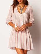 Romwe Apricot V Neck Half Sleeve Loose Dress