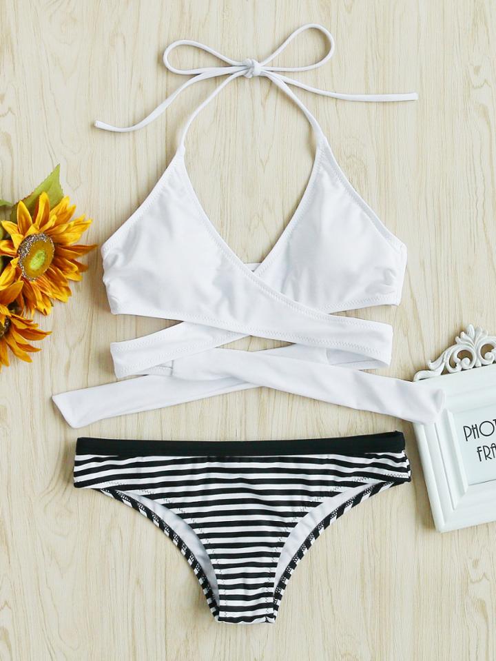 Romwe Striped Cross Wrap Self Tie Bikini Set