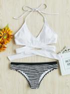Romwe Striped Cross Wrap Self Tie Bikini Set