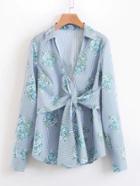Romwe Flower Print Knot Striped Blouse