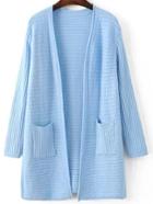 Romwe Blue Ribbed Split Side Longline Sweater Coat With Pocket