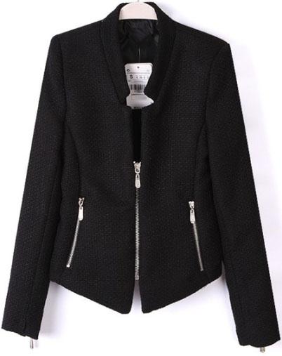 Romwe Stand Collar Zipper Crop Black Blazer