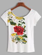 Romwe White Scoop Neck Flower Embroidered T-shirt