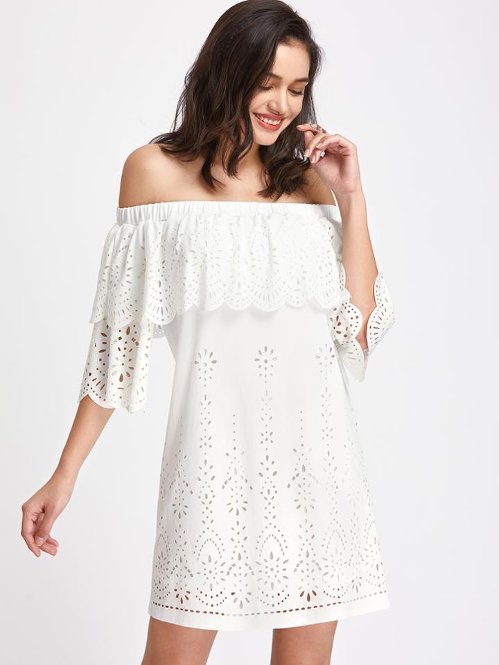 Romwe Scallop Edge Flounce Neckline Laser Cut Dress