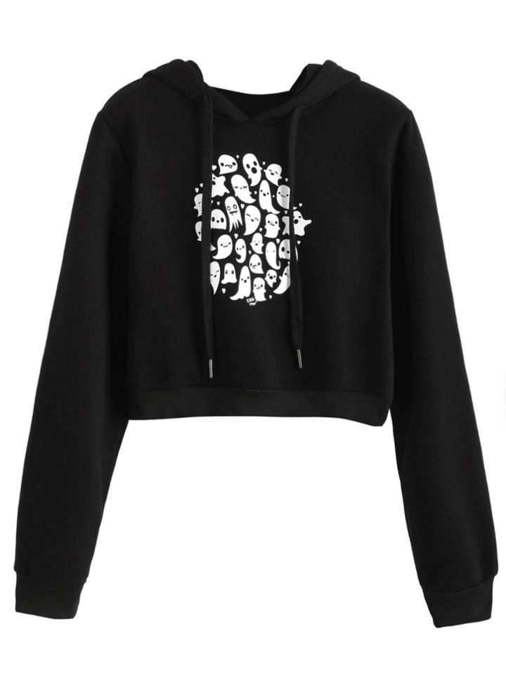 Romwe Black Graphic Print Crop Hooded Sweatshirt