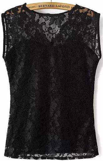 Romwe Black V Neck Hollow Lace Blouse