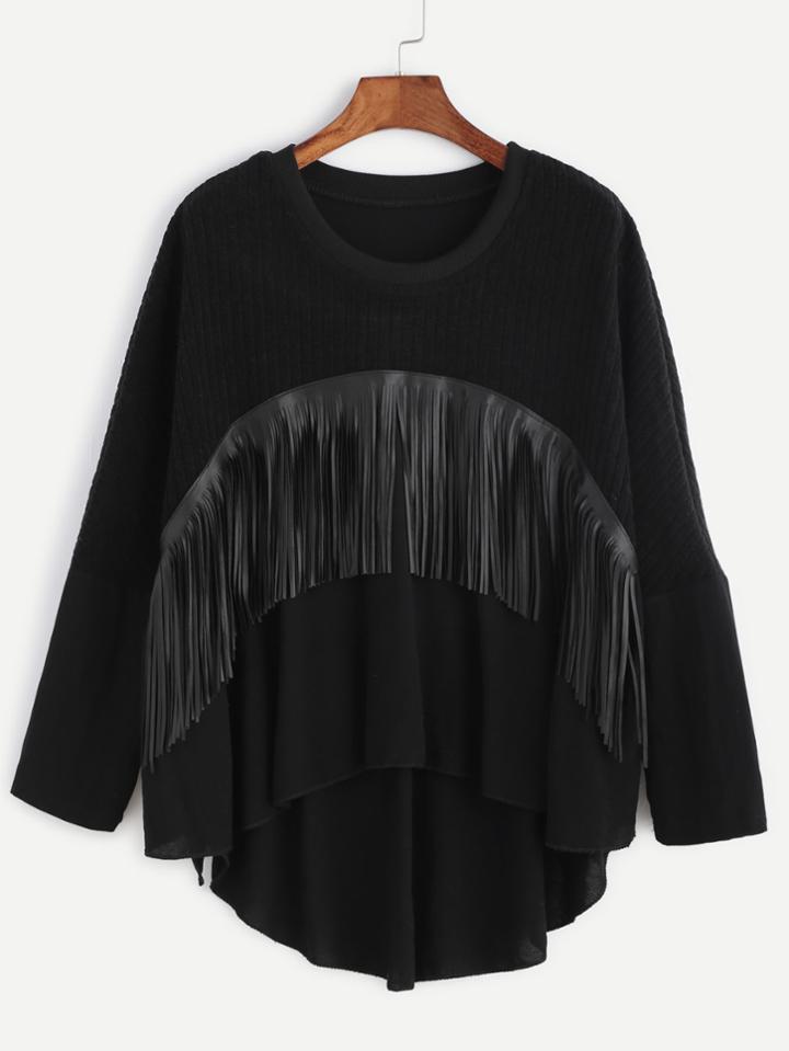 Romwe Contrast Hem Fringe Trim High Low T-shirt