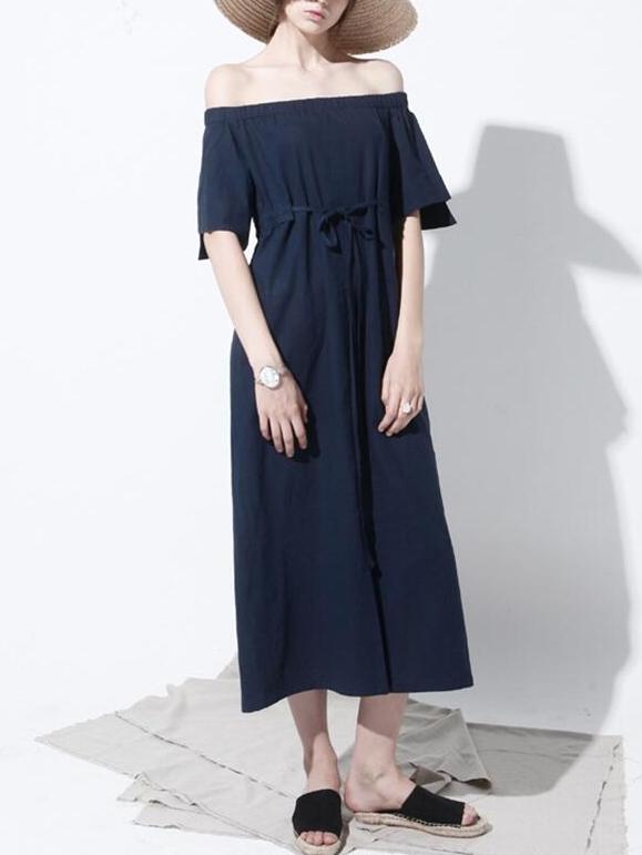 Romwe Navy Drawstring Waist Off The Shoulder Dress