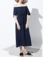 Romwe Navy Drawstring Waist Off The Shoulder Dress