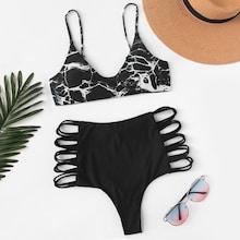 Romwe Ladder Cut Out Marble Print Bikini Set