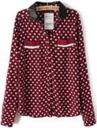 Romwe Red Contrast Pu Leather Lapel Hearts Print Blouse