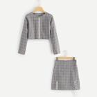 Romwe Plaid Zip Up Top With Skirt