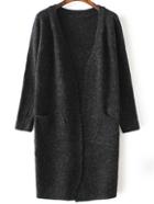 Romwe Black Collarless Ribbed Trim Long Cardigan With Pockets