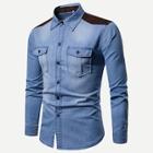 Romwe Men Contrast Suede Denim Shirt