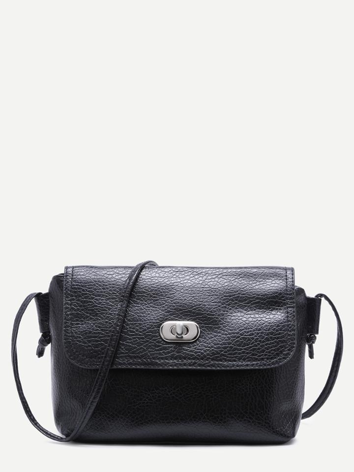 Romwe Black Pebbled Pu Flap Crossbody Bag