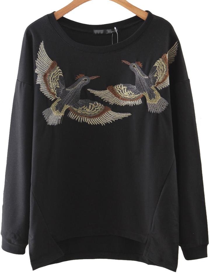 Romwe Black Bird Embroidery Slim Sweatshirt