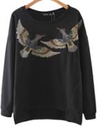 Romwe Black Bird Embroidery Slim Sweatshirt