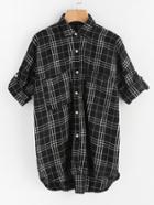 Romwe Rolled Cuff Check Dip Hem Shirt With Chest Pocket
