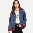 Romwe Ripped Contrast Plaid Hooded Denim Jacket