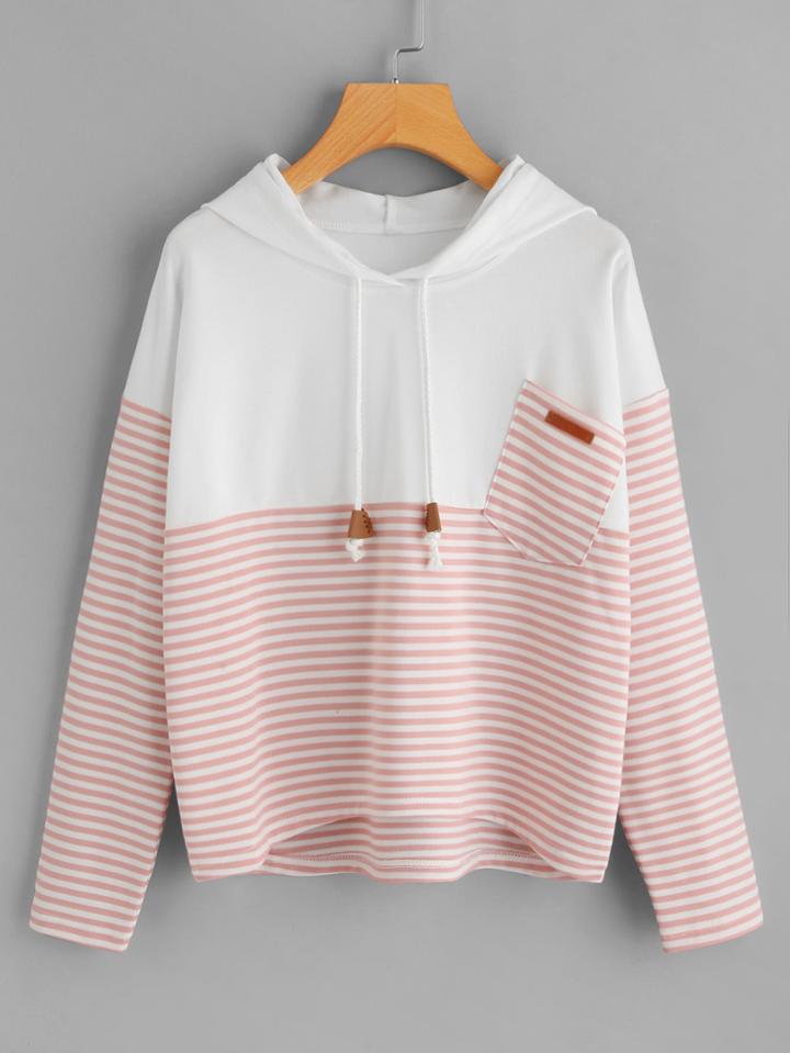 Romwe Dip Hem Striped Chest Pocket Hooded Sweatshirt
