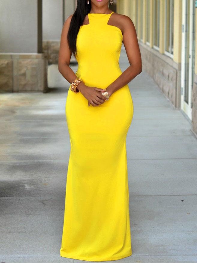 Romwe Racer Neck Backless Maxi Dress - Yellow