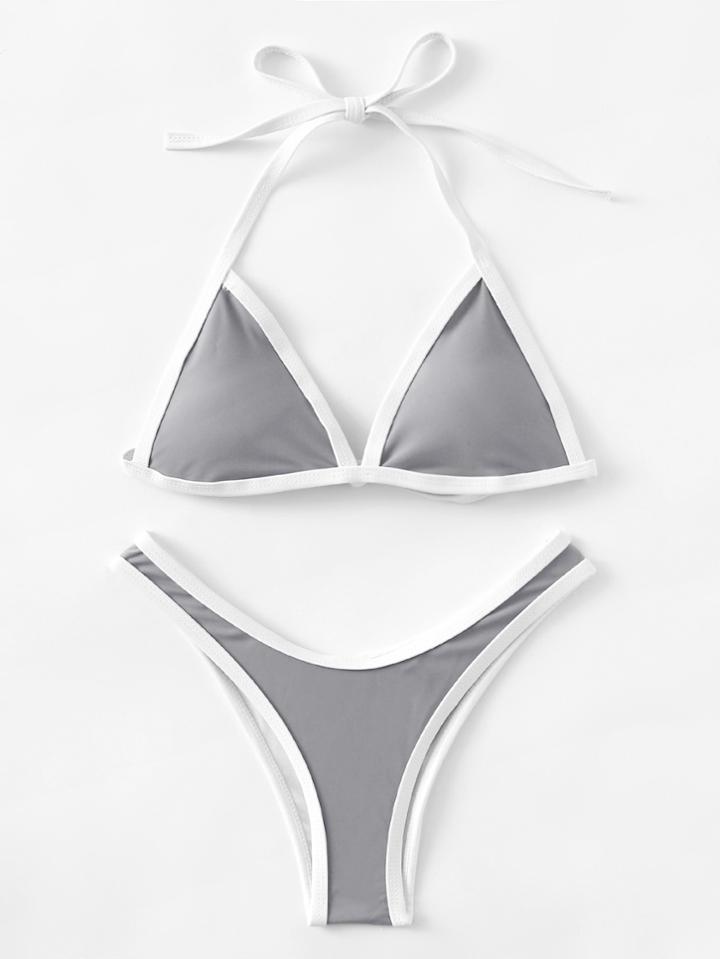 Romwe Contrast Piping Triangle Bikini Set