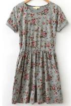 Romwe Grey Short Sleeve Floral Pleated Dress