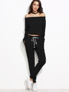 Romwe Black Off The Shoulder Top With Drawstring Pants
