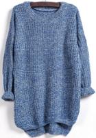 Romwe Dipped Hem Loose Knit Blue Sweater