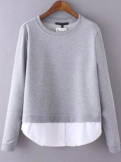 Romwe Grey Round Neck Contrast Hem Sweatshirt