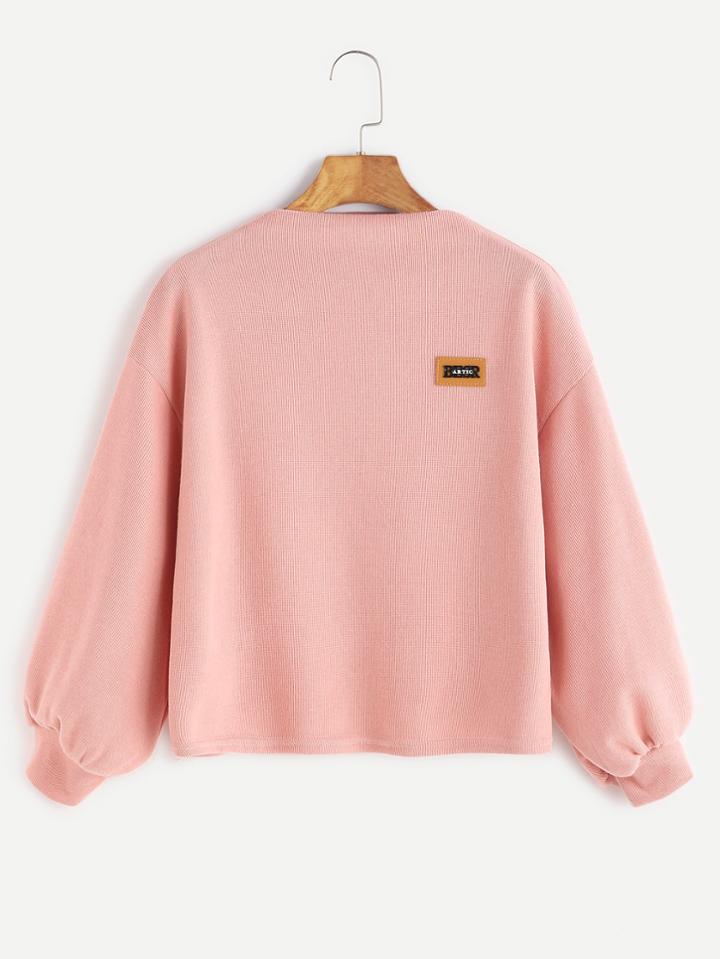 Romwe Pink Funnel Neck Drop Shoulder Lantern Sleeve Patch Sweatshirt