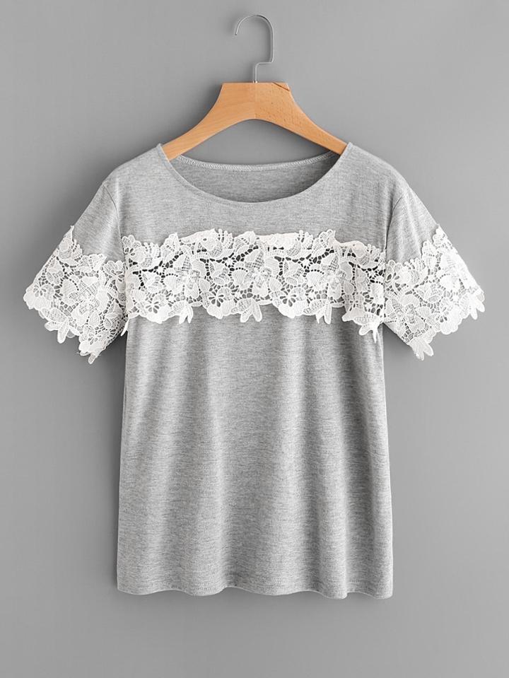 Romwe Contrast Crochet Lace Trim Marled Tee