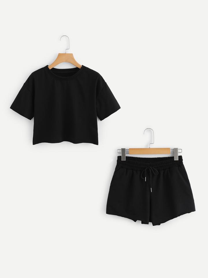 Romwe Drop Shoulder Crop Tee With Drawstring Shorts