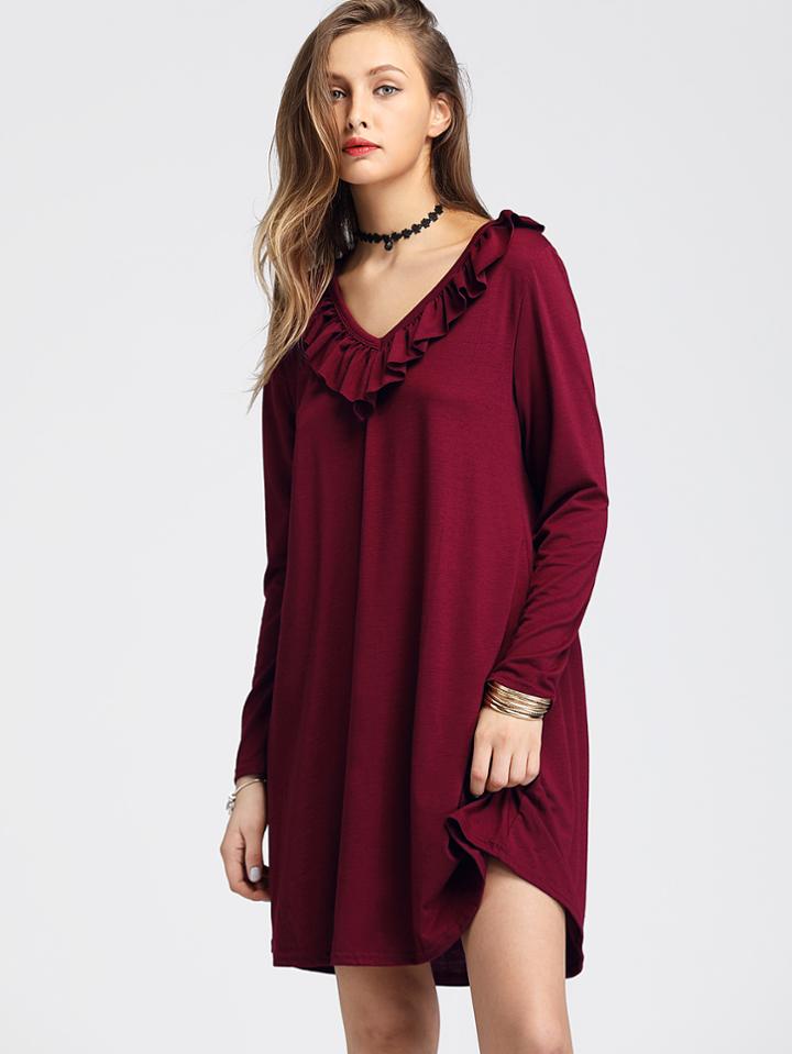 Romwe Frill Trim V Neckline Dress