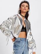 Romwe Drawstring Sleeve Metallic Crop Jacket