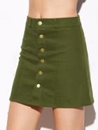 Romwe Army Green Single Breasted Denim A Line Skirt