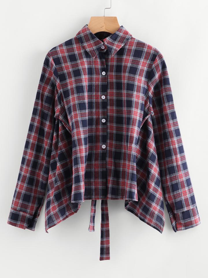 Romwe Checked Dip Hem Self Tie Back Blouse