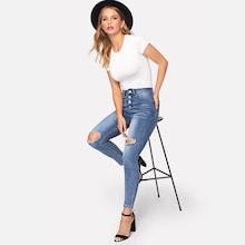 Romwe Bleach Dye Button Up Ripped Jeans